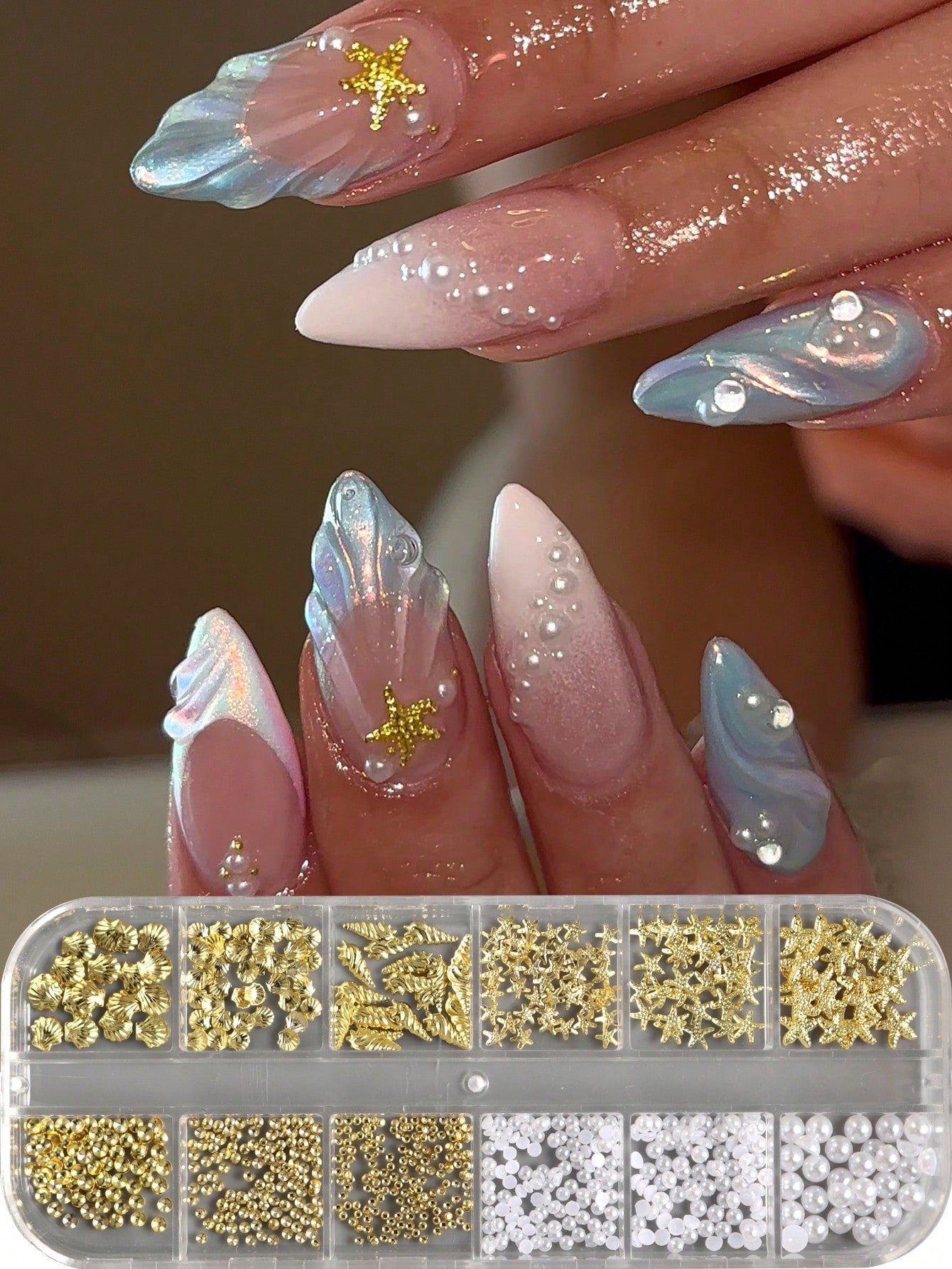12 Grids Shell Starfish Gold Metal Nail Charms Decorations Beads Pearls Nail Art Accessories Rivet Crafts Summer Ocean Holiday DIY Nail Supplies