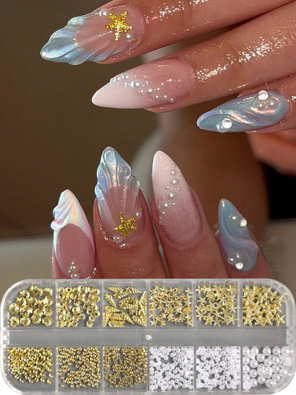 12 Grids Shell Starfish Gold Metal Nail Charms Decorations Beads Pearls Nail Art Accessories Rivet Crafts Summer Ocean Holiday DIY Nail Supplies
