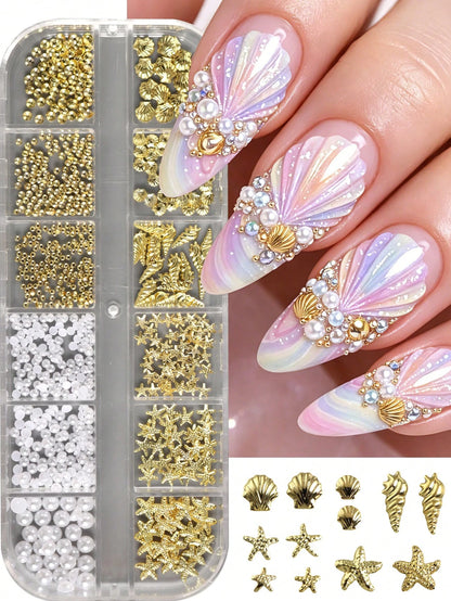 12 Grids Shell Starfish Gold Metal Nail Charms Decorations Beads Pearls Nail Art Accessories Rivet Crafts Summer Ocean Holiday DIY Nail Supplies