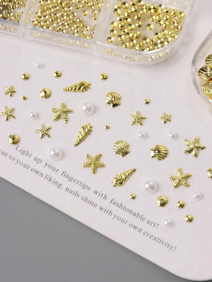 12 Grids Shell Starfish Gold Metal Nail Charms Decorations Beads Pearls Nail Art Accessories Rivet Crafts Summer Ocean Holiday DIY Nail Supplies