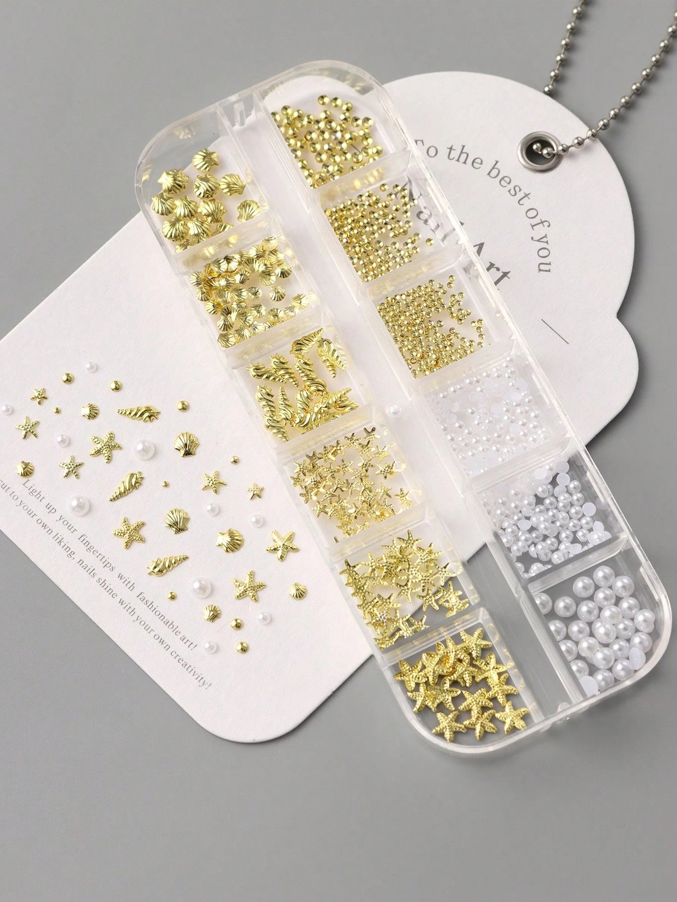 12 Grids Shell Starfish Gold Metal Nail Charms Decorations Beads Pearls Nail Art Accessories Rivet Crafts Summer Ocean Holiday DIY Nail Supplies