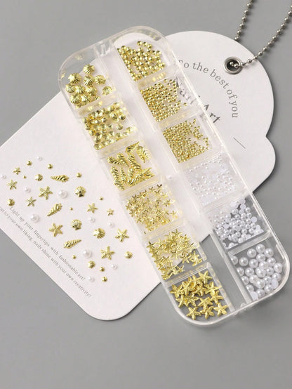 12 Grids Shell Starfish Gold Metal Nail Charms Decorations Beads Pearls Nail Art Accessories Rivet Crafts Summer Ocean Holiday DIY Nail Supplies