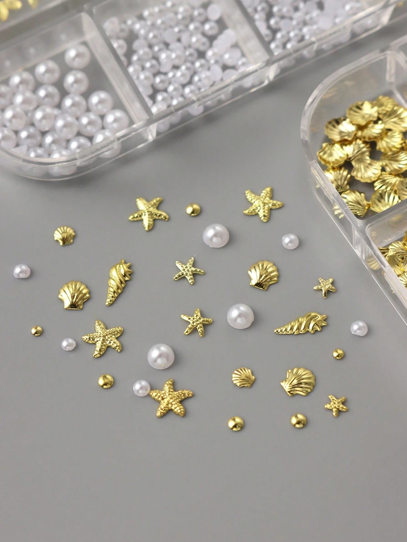 12 Grids Shell Starfish Gold Metal Nail Charms Decorations Beads Pearls Nail Art Accessories Rivet Crafts Summer Ocean Holiday DIY Nail Supplies