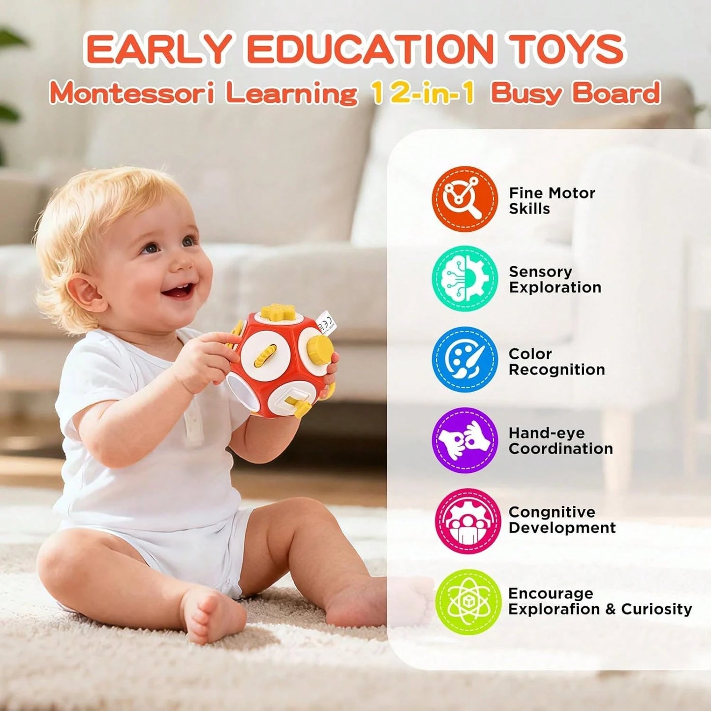 12-In-1 Baby Sensory Busy Ball- Montessori Cube Toys, Educational Learning Activities Travel Toys, Develop Fine Motor Skills, Airplane Car Seat Travel Stress Relief Toys, Portable Baby Busy Board, Ne