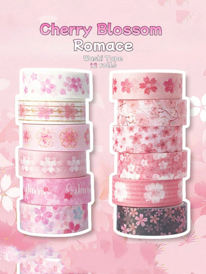 12 Rolls Sakura Washi Tape, Romantic Spring Sakura Petal Decorative Washi Tape, Floral Handmade Sticker Tape With Adhesive For Diary, Planner, DIY Crafts, Gift Wrapping, Stationery