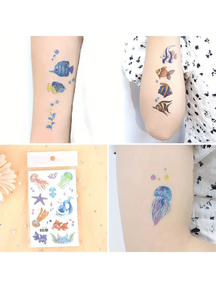 12 Sheets Glitter Ocean Animal Temporary Tattoos, Waterproof Culorful Underwater Fake Tattoos, Long Lasting 2‑5 Days, Beach Party Favors Goodie Bag Fillers
