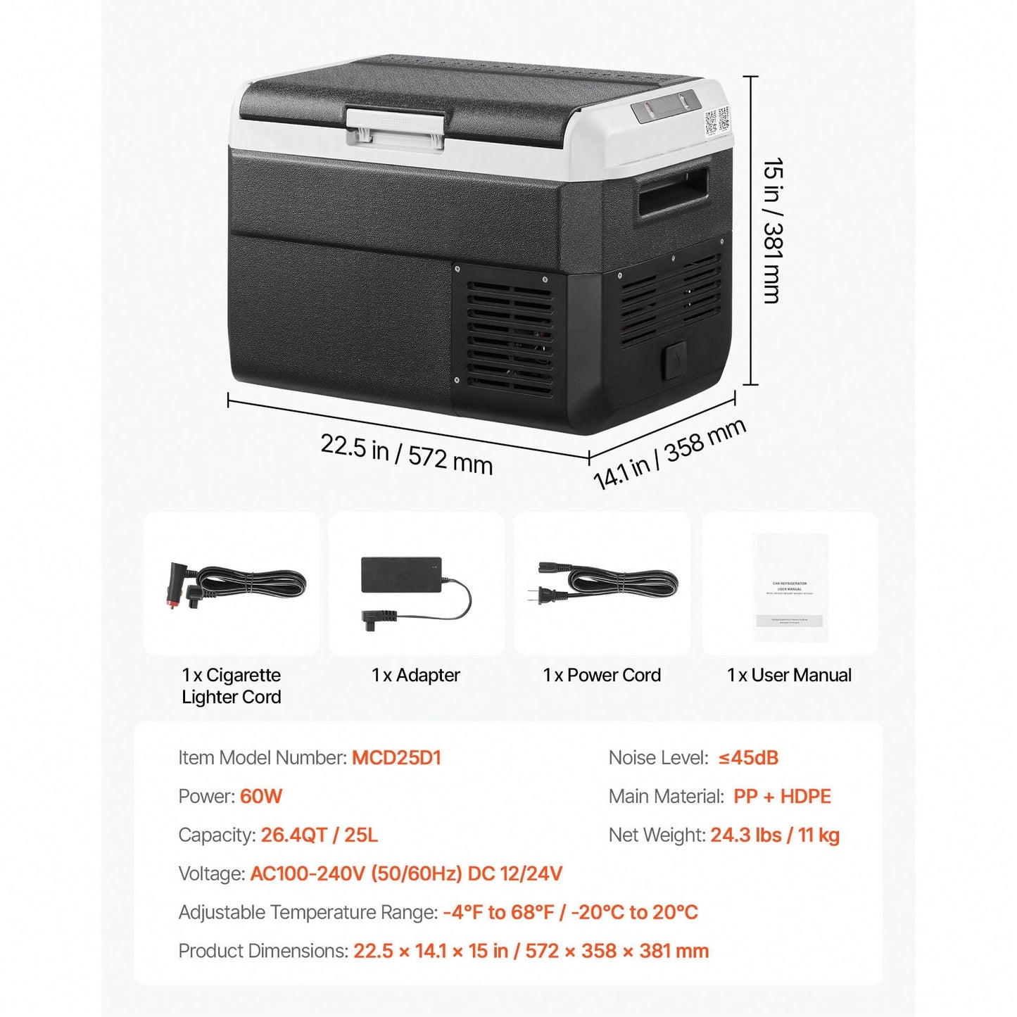 12 Volt Car Refrigerator, 26.4QT/25L Car Fridge, Portable Electric Cooler With-4℉~68℉ Adjustable Temperature, 12/24V DC And 100- 240V AC Compressor Freezer For Outdoor, Camping, Travel, RV
