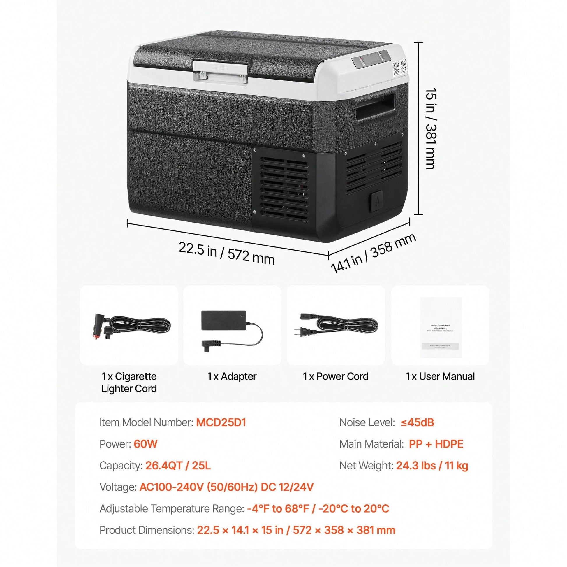 12 Volt Car Refrigerator, 26.4QT/25L Car Fridge, Portable Electric Cooler With-4℉~68℉ Adjustable Temperature, 12/24V DC And 100- 240V AC Compressor Freezer For Outdoor, Camping, Travel, RV