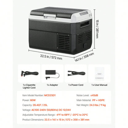 12 Volt Car Refrigerator, 26.4QT/25L Car Fridge, Portable Electric Cooler With-4℉~68℉ Adjustable Temperature, 12/24V DC And 100- 240V AC Compressor Freezer For Outdoor, Camping, Travel, RV