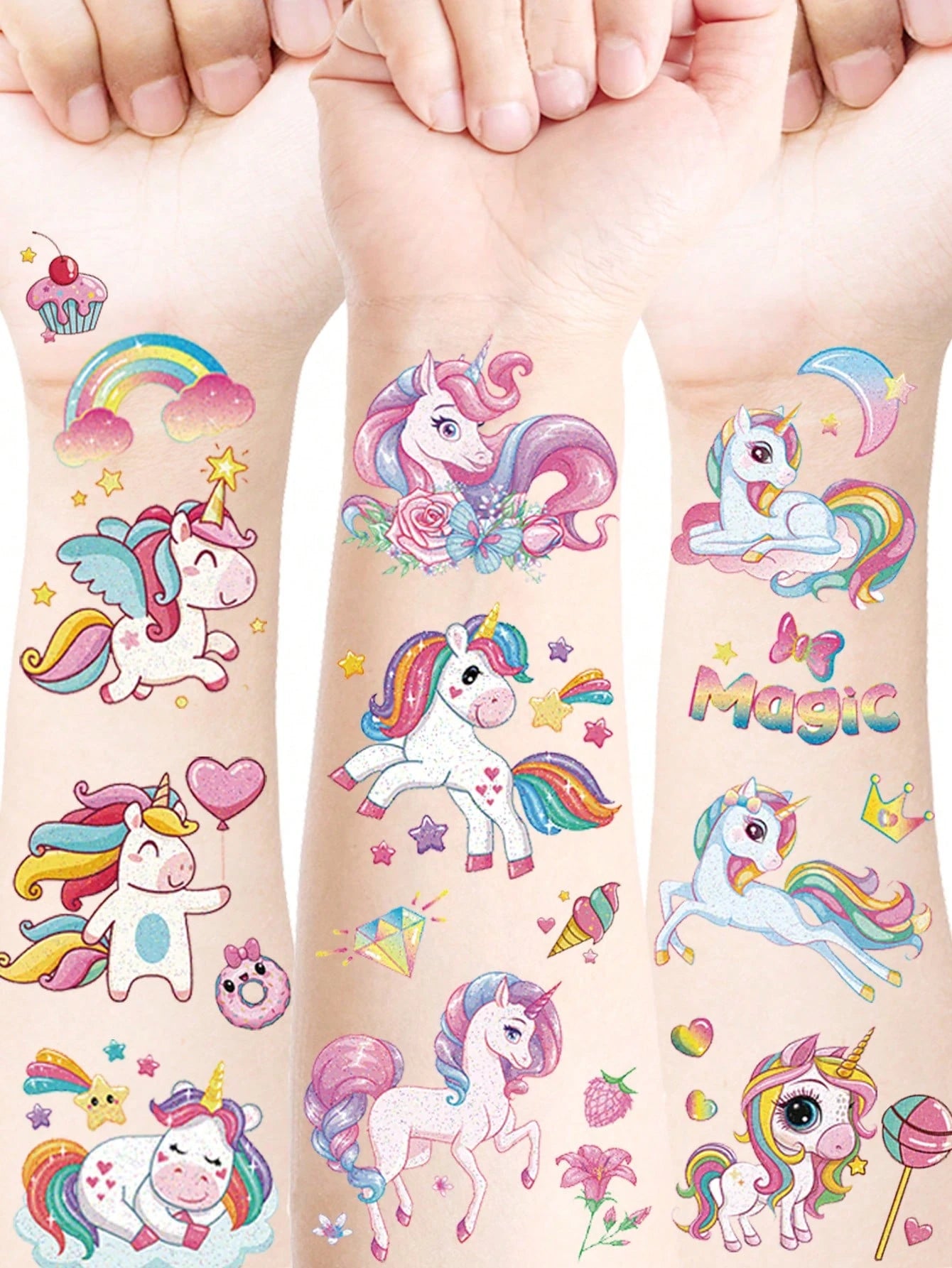 120 Pcs/12 Sheets Glitter Pink Unicorn Temporary Tattoos,Glitter Styles Shiny Rainbow Unicorn Magical Fantasy Mythical Creatures Tattoo Stickers,Birthday Party Supplies Decorations,Perfect Gifts,Goodi