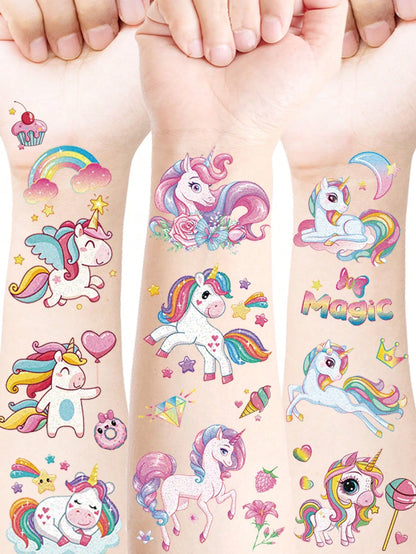 120 Pcs/12 Sheets Glitter Pink Unicorn Temporary Tattoos,Glitter Styles Shiny Rainbow Unicorn Magical Fantasy Mythical Creatures Tattoo Stickers,Birthday Party Supplies Decorations,Perfect Gifts,Goodi