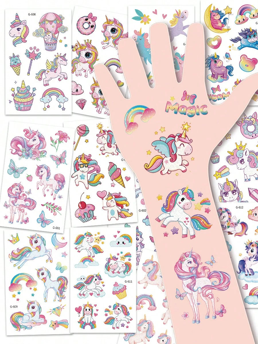 120 Pcs/12 Sheets Glitter Pink Unicorn Temporary Tattoos,Glitter Styles Shiny Rainbow Unicorn Magical Fantasy Mythical Creatures Tattoo Stickers,Birthday Party Supplies Decorations,Perfect Gifts,Goodi