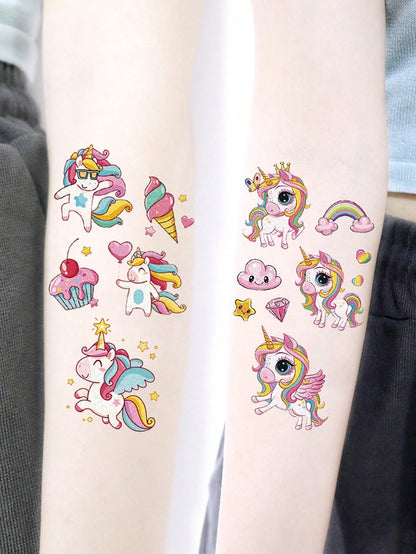 120 Pcs/12 Sheets Glitter Pink Unicorn Temporary Tattoos,Glitter Styles Shiny Rainbow Unicorn Magical Fantasy Mythical Creatures Tattoo Stickers,Birthday Party Supplies Decorations,Perfect Gifts,Goodi