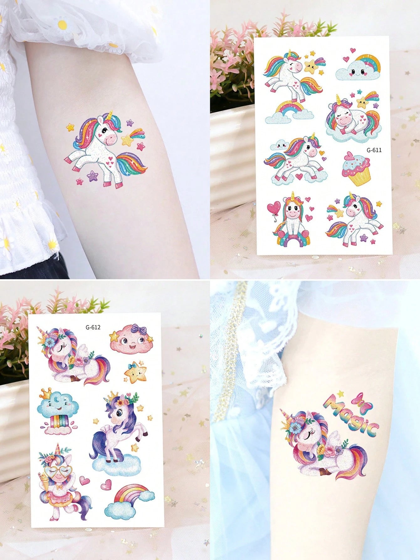120 Pcs/12 Sheets Glitter Pink Unicorn Temporary Tattoos,Glitter Styles Shiny Rainbow Unicorn Magical Fantasy Mythical Creatures Tattoo Stickers,Birthday Party Supplies Decorations,Perfect Gifts,Goodi