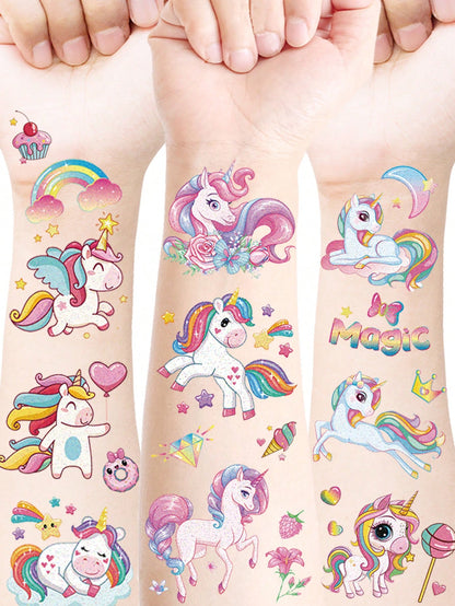 120 Pcs/12 Sheets Glitter Pink Unicorn Temporary Tattoos,Glitter Styles Shiny Rainbow Unicorn Magical Fantasy Mythical Creatures Tattoo Stickers,Birthday Party Supplies Decorations,Perfect Gifts,Goodi