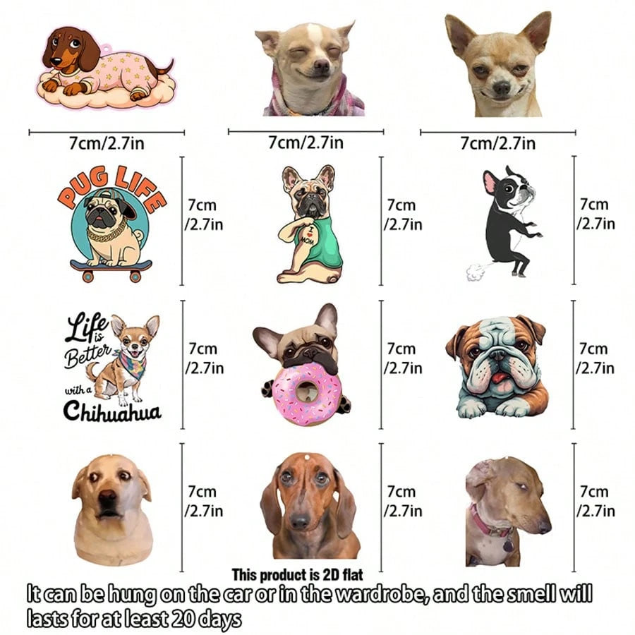 12pcs Car Air Fresheners- Funny Dog Freshener Hanging 2.76in Ornaments Refresh Air Fragrant Pendant Essential Gift For 2D Flat Car Accessories Decoration Interior Home Household Long-Lasting Scent