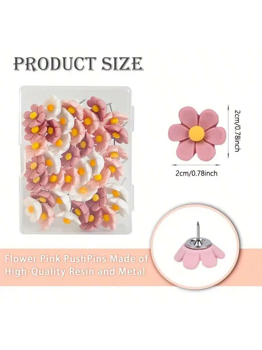 12pcs New Resin 3D Flower Push Pins, Decorative Pushpins With Pink Floral Pattern- For Photo Wall And Office Supplies Decoration,Back To School,School Supplies