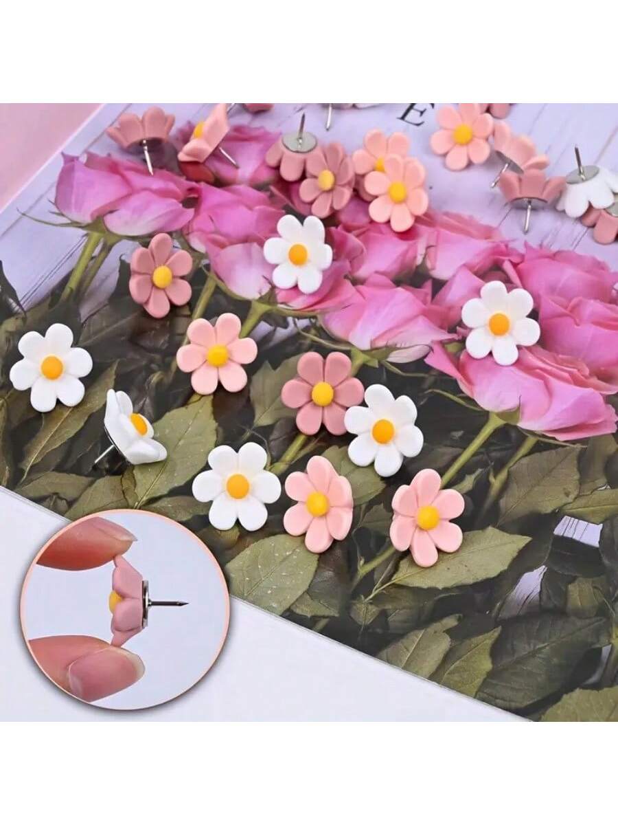 12pcs New Resin 3D Flower Push Pins, Decorative Pushpins With Pink Floral Pattern- For Photo Wall And Office Supplies Decoration,Back To School,School Supplies
