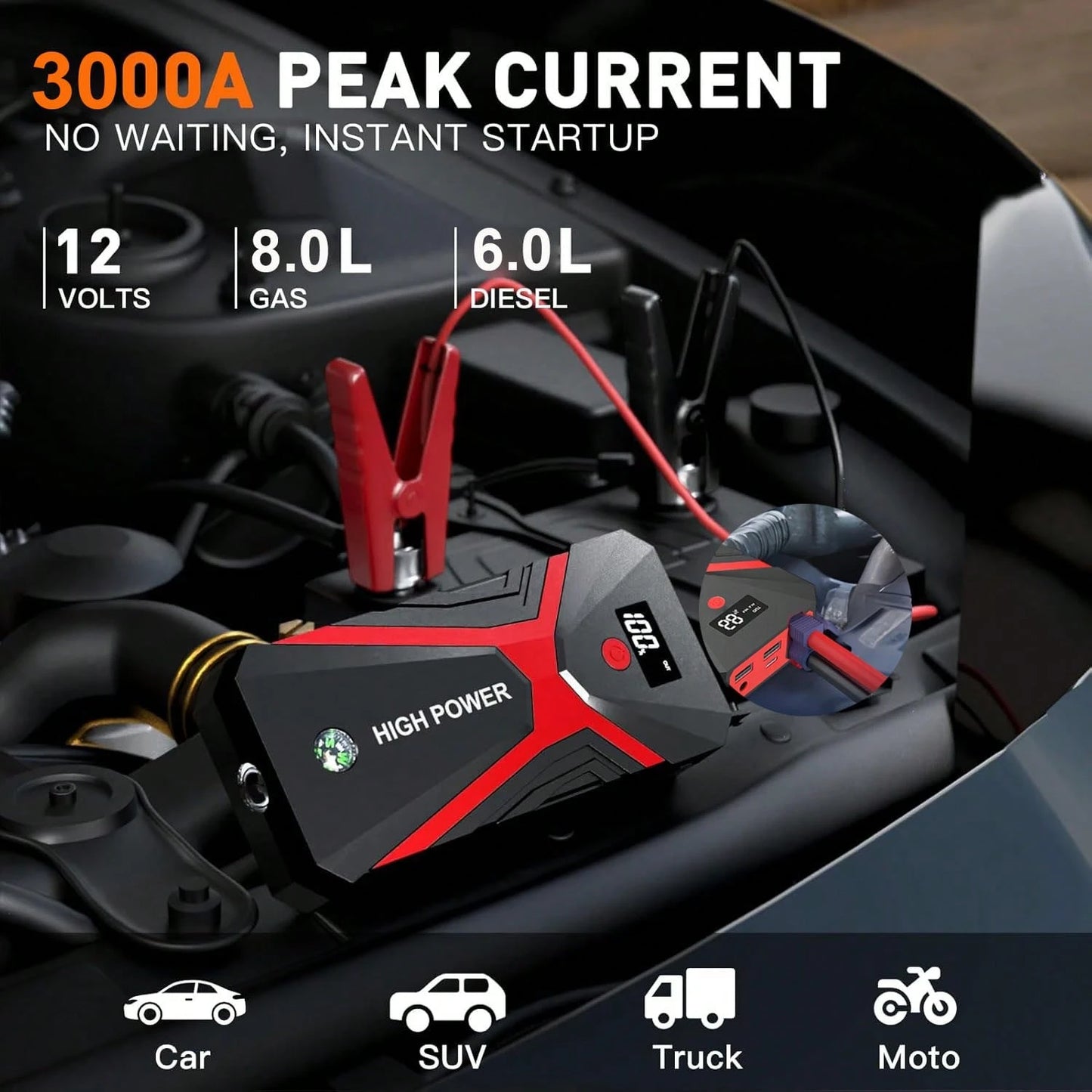 12V 3000A Intelligent Car Battery Charger 8.0Gas/6.0 Disel Car Motorcycle Battery Charging Unit Emergency Vehicle 21800mAh Power Battery Repair Jump Starter 18W Quick Charge Led Flight
