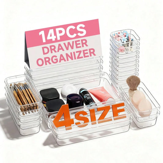 [14-Pack]Premium Clear Plastic Storage Box PP| Essential For Desktop, Kitchen, Cosmetics, Dressing Table & Messy Drawers Space-Saving Stackable Containers + Brush Holder| Limited-Time Offer! Home S