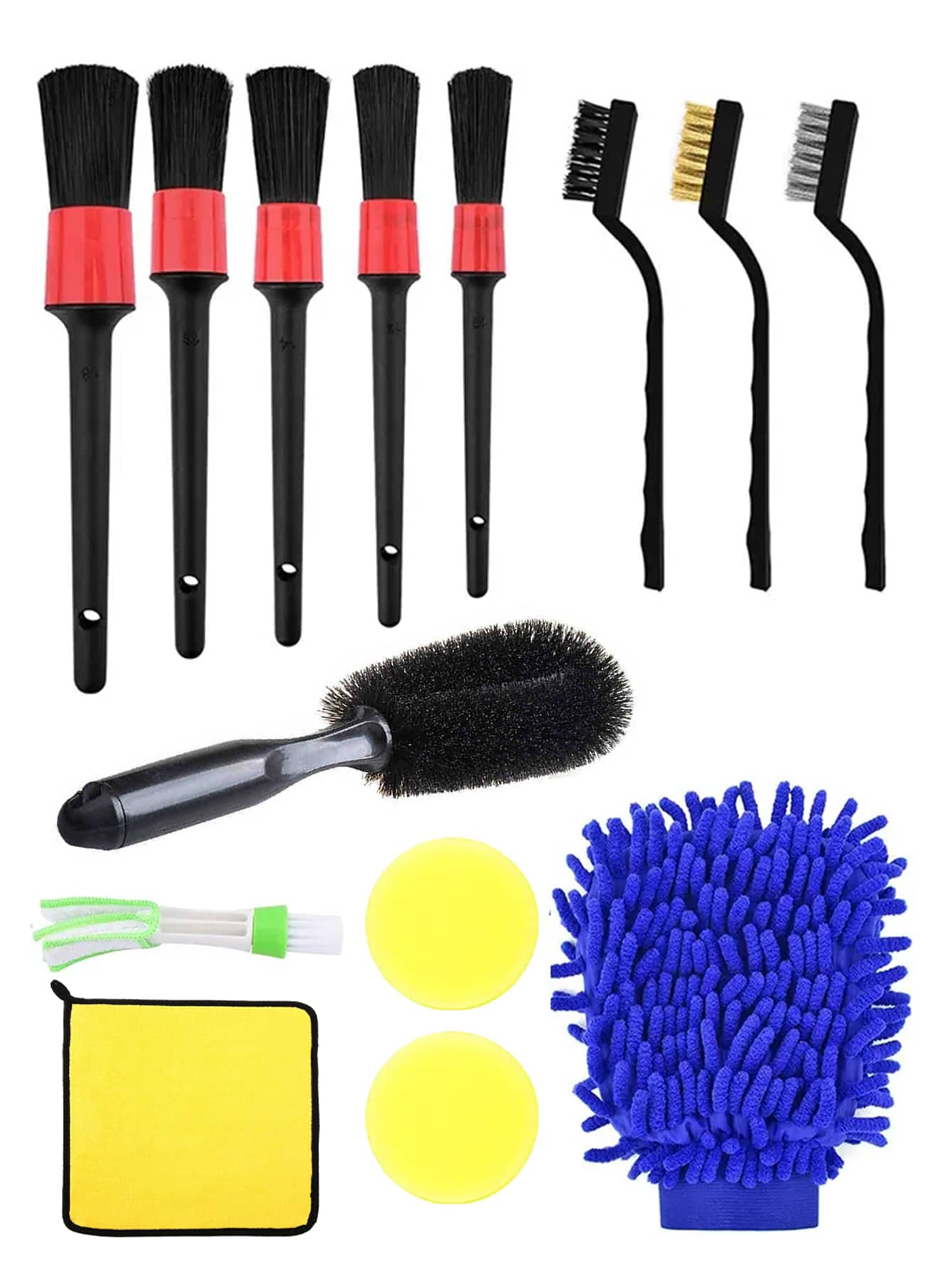 14pcs Car Cleaning Brush Set, Includes Detail Brush, Wheel Brush, Car Wash Glove, Sponge, Wax Applicator Pad