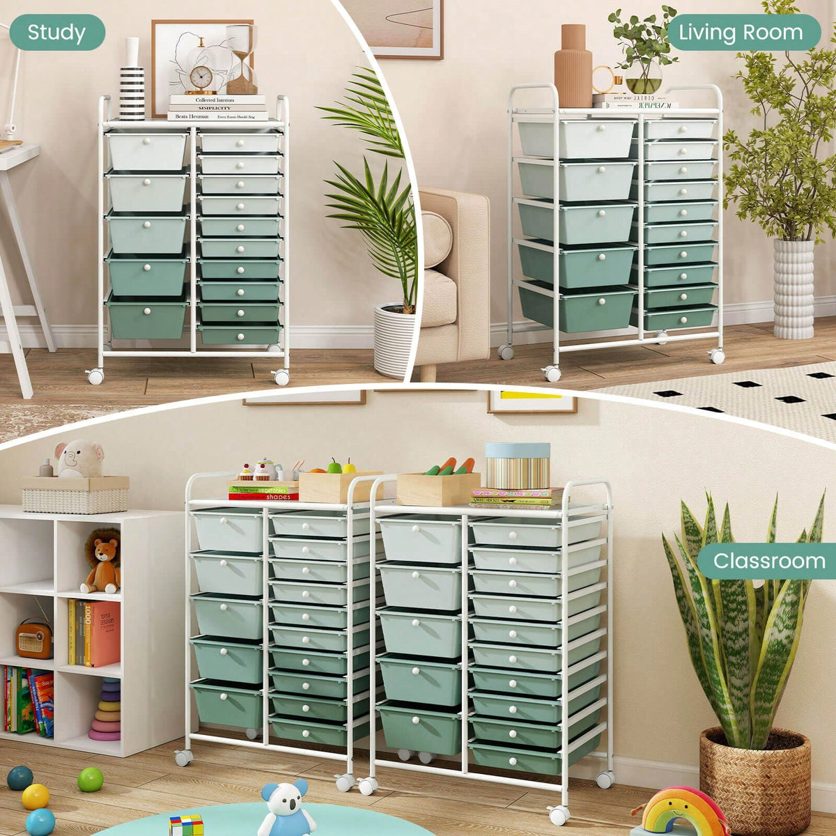 15-Drawer Rolling Storage Cart Mobile Cart With Colorful Drawers & Metal Frame