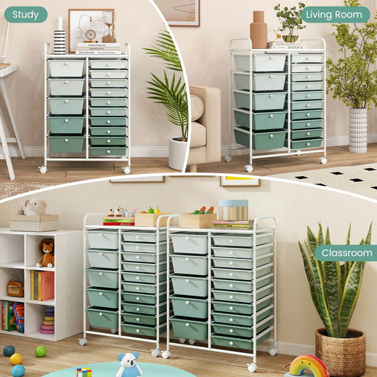 15-Drawer Rolling Storage Cart Mobile Cart With Colorful Drawers & Metal Frame