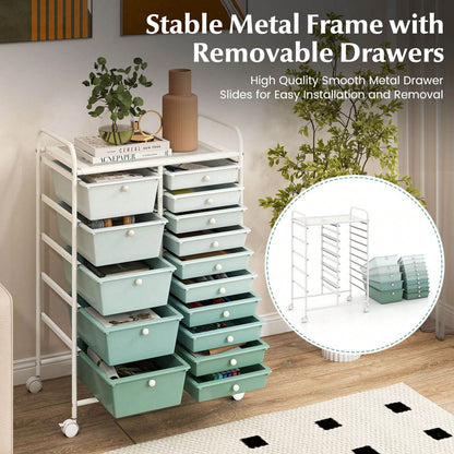 15-Drawer Rolling Storage Cart Mobile Cart With Colorful Drawers & Metal Frame