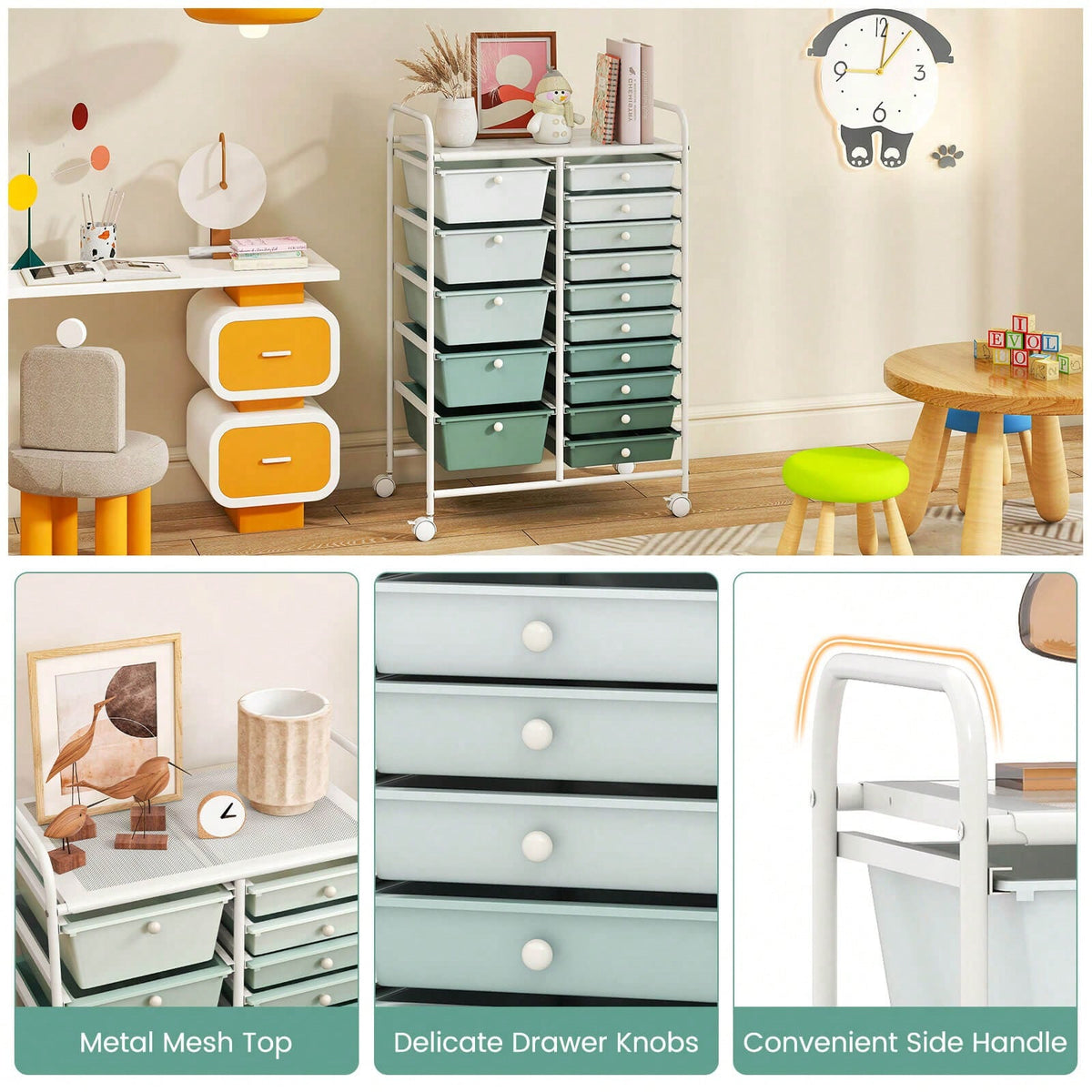 15-Drawer Rolling Storage Cart Mobile Cart With Colorful Drawers & Metal Frame