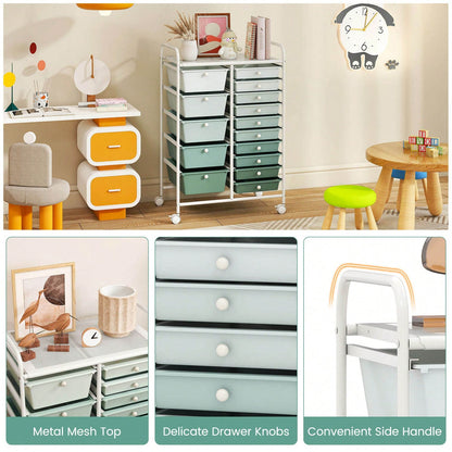 15-Drawer Rolling Storage Cart Mobile Cart With Colorful Drawers & Metal Frame