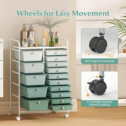 15-Drawer Rolling Storage Cart Mobile Cart With Colorful Drawers & Metal Frame