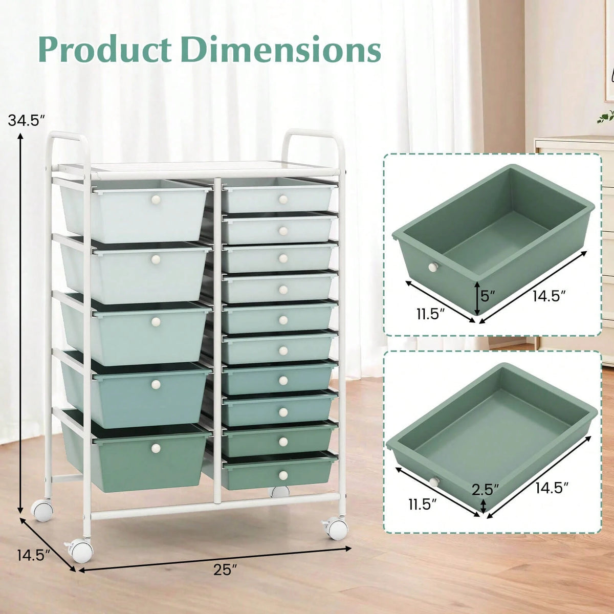 15-Drawer Rolling Storage Cart Mobile Cart With Colorful Drawers & Metal Frame