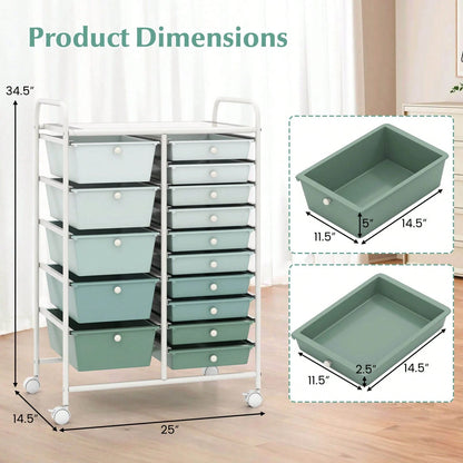 15-Drawer Rolling Storage Cart Mobile Cart With Colorful Drawers & Metal Frame