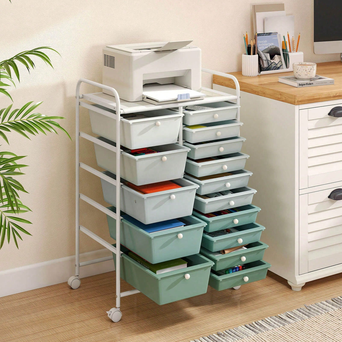 15-Drawer Rolling Storage Cart Mobile Cart With Colorful Drawers & Metal Frame