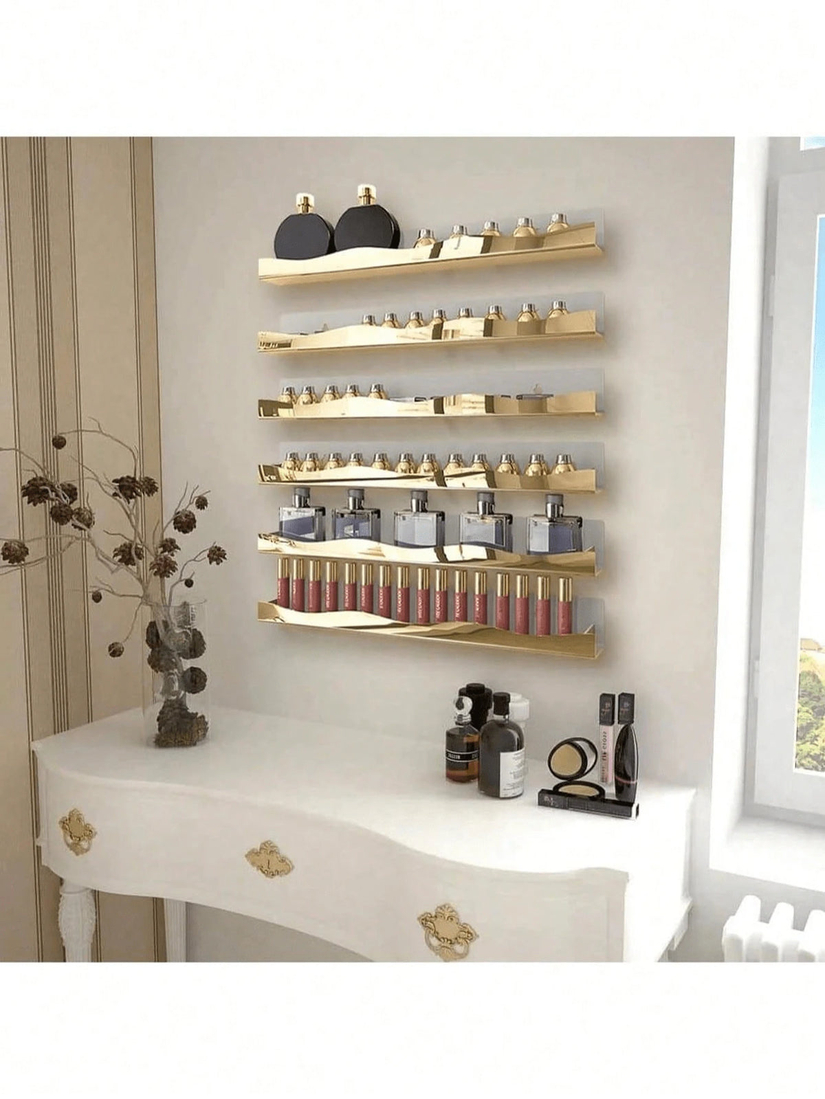 15-Inch Mirrored Gold Acrylic Nail Polish Rack, Wall-Mounted Storage Organizer For Nail Polish, Fashion Glasses, Essential Oils And More