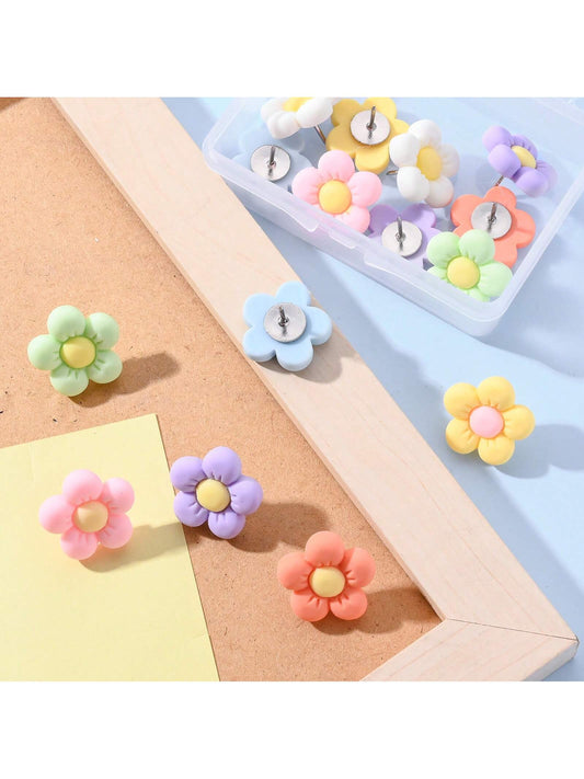 15pcs/30pcs Candy Color Flower Wall Pin/Push Pins, Cartoon Decorative Tacks For Office, School, Cute Back To School,Back To School,School Supplies