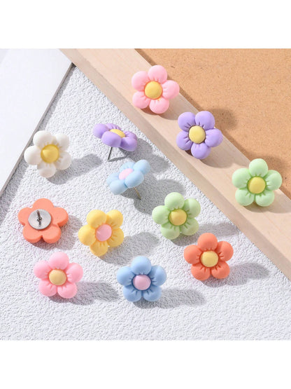 15pcs/30pcs Candy Color Flower Wall Pin/Push Pins, Cartoon Decorative Tacks For Office, School, Cute Back To School,Back To School,School Supplies