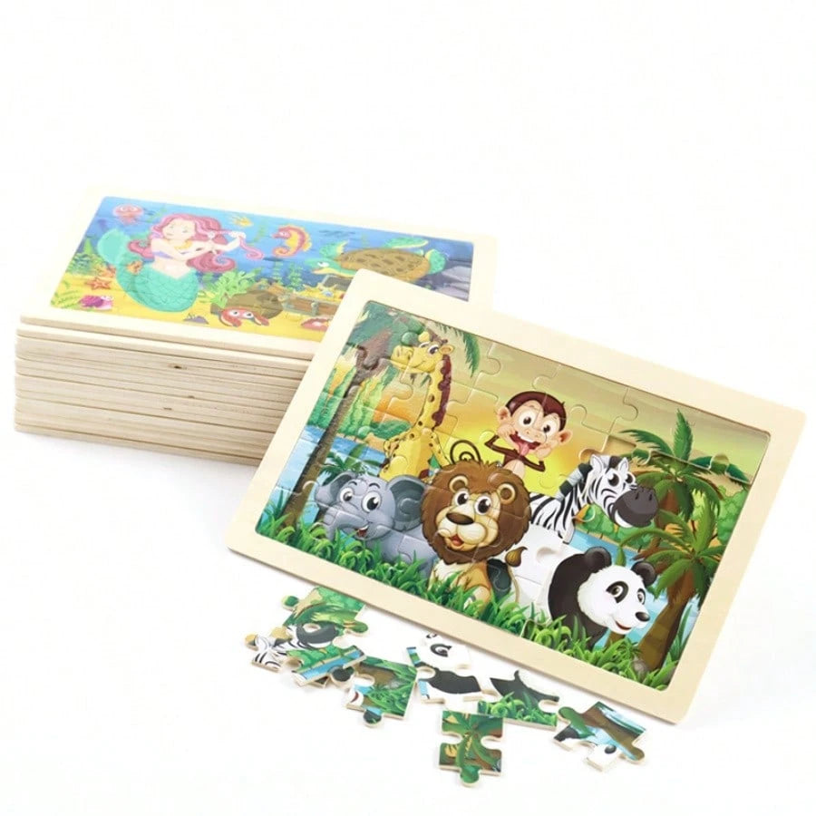 16 Styles Animal & Dinosaur Wooden 30-Piece Flat Puzzle, Educational Toy For 3-6 Years Old Kids, Ultra-Thin