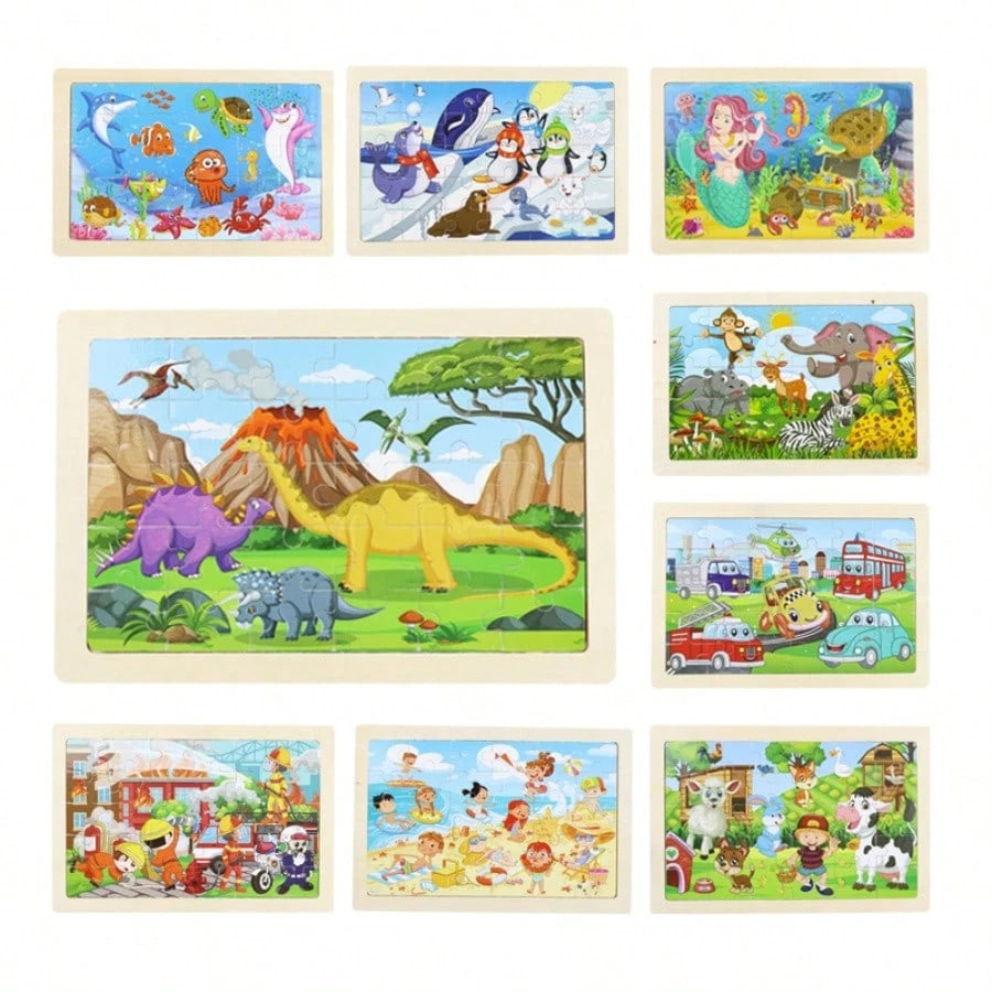 16 Styles Animal & Dinosaur Wooden 30-Piece Flat Puzzle, Educational Toy For 3-6 Years Old Kids, Ultra-Thin