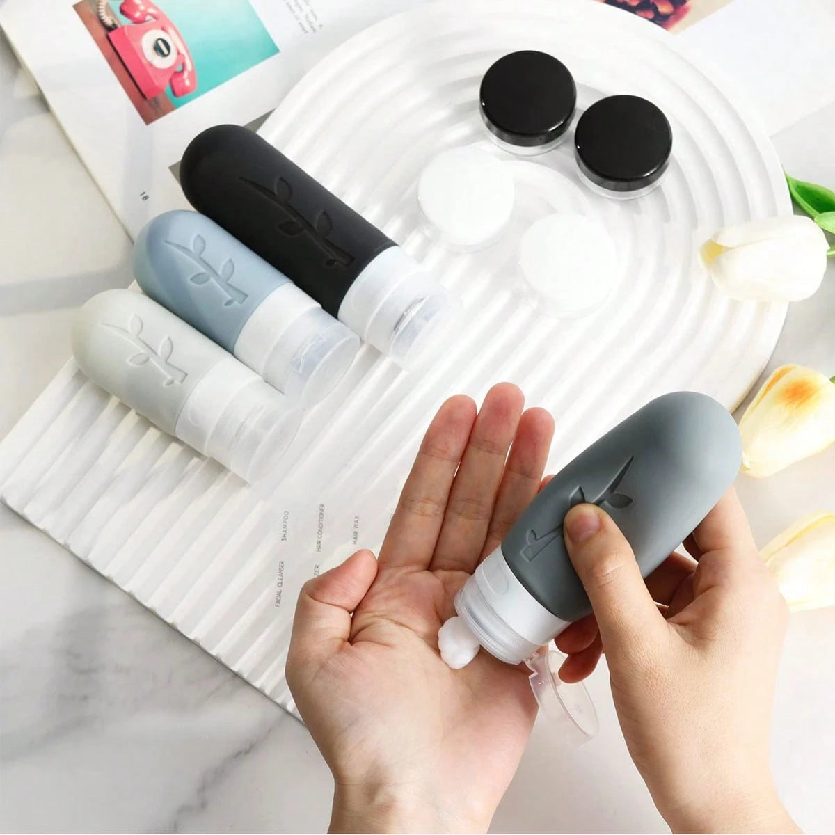 17-Piece Leak-Proof Silicone Travel Bottles, Refillable For Shampoo, Lotion, Face Cream. Mini Capsule With Magnetic Nozzle. Great For Travel, Camping, School. Gift For Mom & Girlfriend.