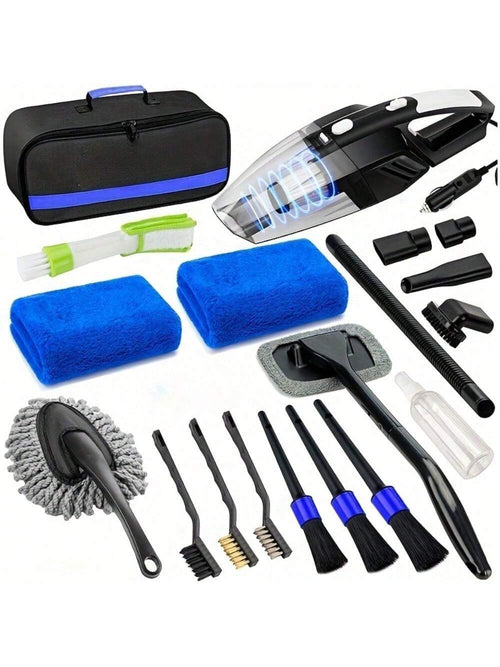 19pcs/Set Car Cleaning Wash Kit Interior Detailing Cleaner Kit With High Power Handheld Vacuum, Brush Set, Windshield Tool, Duster, Towels, Complete Car Care Tool