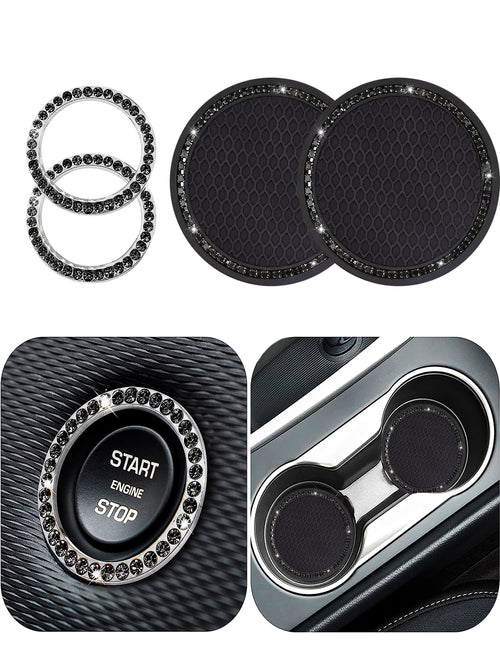 1pair Car Cup Holder Mats And 2pcs Engine Start/stop Key Ring