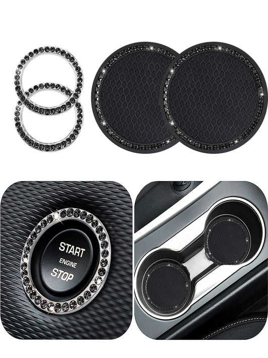 1pair Car Cup Holder Mats And 2pcs Engine Start/stop Key Ring