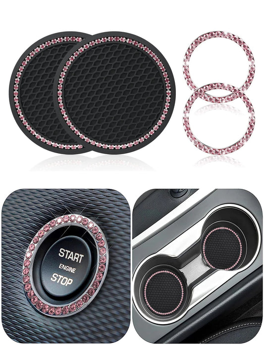 1pair Car Engine Start Stop Button Ring & 2pcs Car Engine Start Stop Button Decoration Rings With Rhinestones
