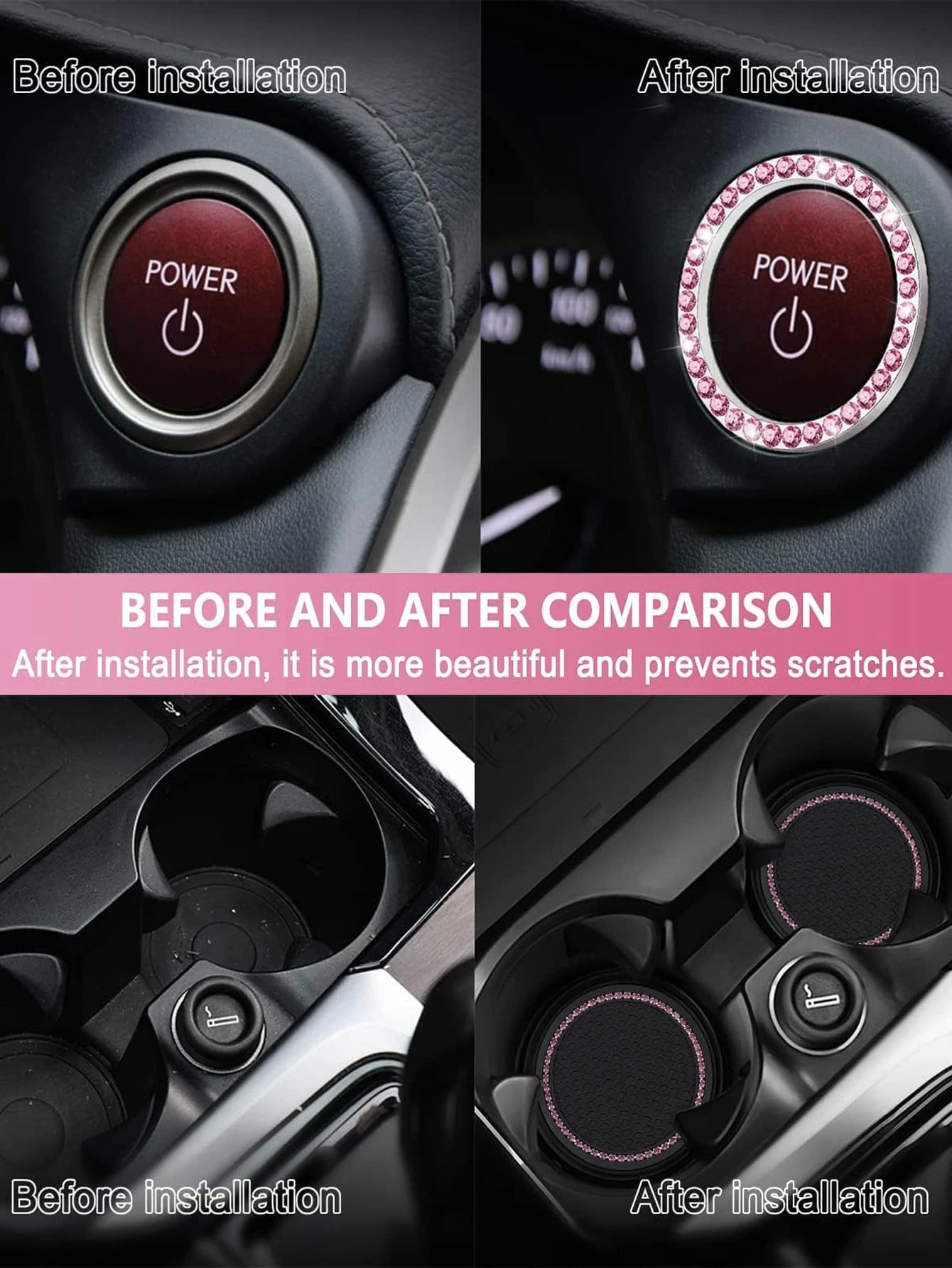 1pair Car Engine Start Stop Button Ring & 2pcs Car Engine Start Stop Button Decoration Rings With Rhinestones