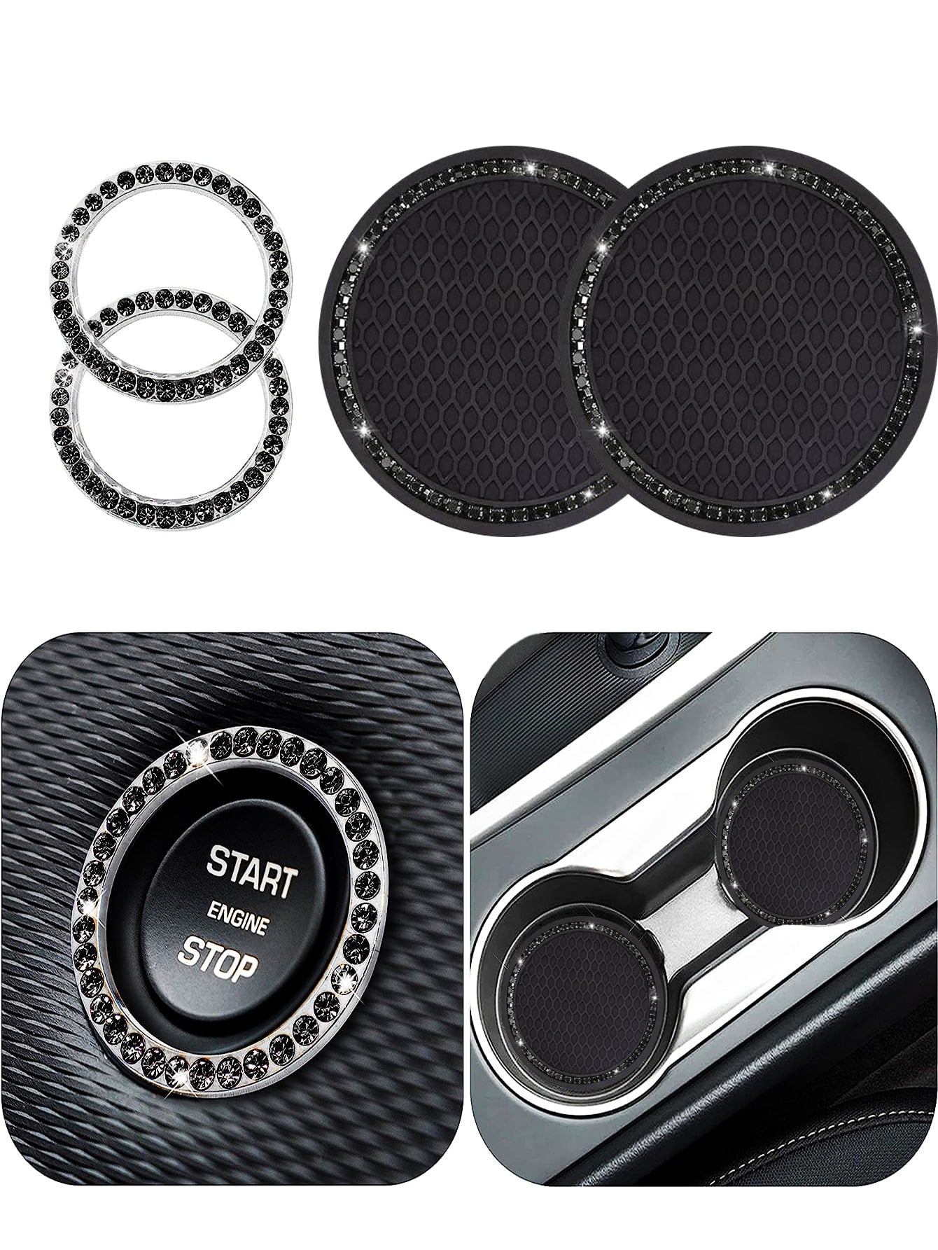 1pair Car Engine Start Stop Button Ring & 2pcs Car Engine Start Stop Button Decoration Rings With Rhinestones