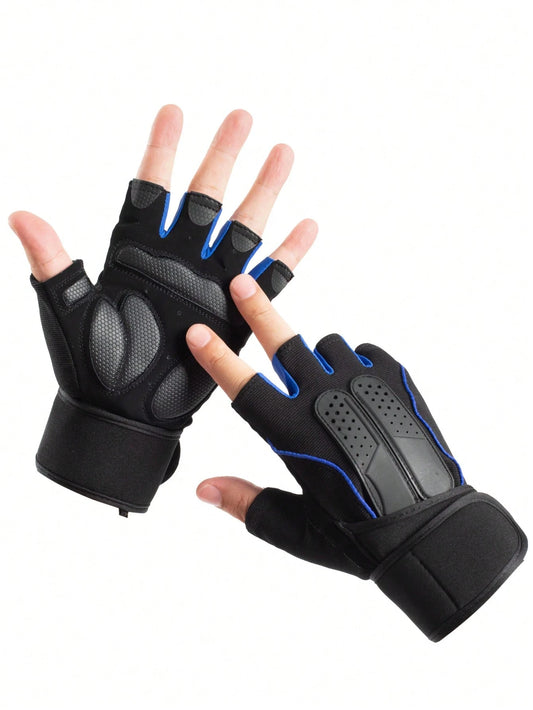 1pair Fitness Anti-Slip Protection Gloves With Wrist Support, Half-Finger, Long Style,Suitable For Cycling,Riding Motorcycle And Skiing,Black Gloves