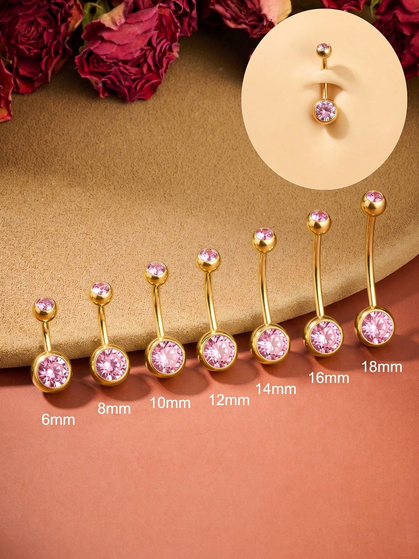 1pc 14G Stainless Steel Belly Button Ring, Gold Color, Pink Cubic Zirconia, Classic Style Daily Wear Women's Navel Piercing Ring, 6/8/10/12/14/16/18mm
