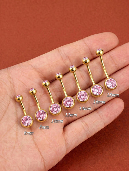 1pc 14G Stainless Steel Belly Button Ring, Gold Color, Pink Cubic Zirconia, Classic Style Daily Wear Women's Navel Piercing Ring, 6/8/10/12/14/16/18mm