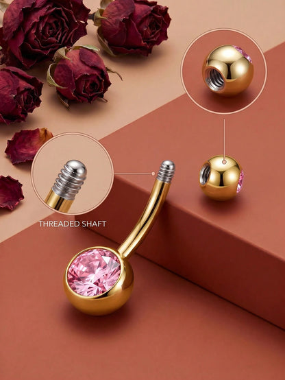 1pc 14G Stainless Steel Belly Button Ring, Gold Color, Pink Cubic Zirconia, Classic Style Daily Wear Women's Navel Piercing Ring, 6/8/10/12/14/16/18mm